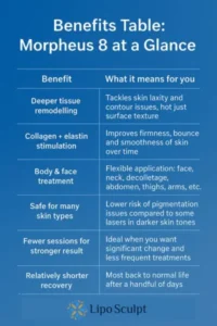 How Often Can I have Morpheus 8? 3 Table showing the benefits of Morpheus 8 treatment from Lipo Sculpt West Sussex
