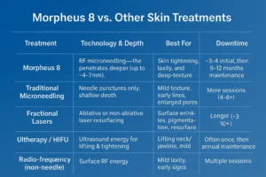 How Often Can I have Morpheus 8? 2 Table to show benefits of Morpheus 8 West Sussex compared to other skin treatments